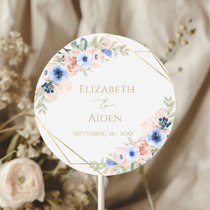 Personalised Peach Blue Wedding Classic Round Sticker