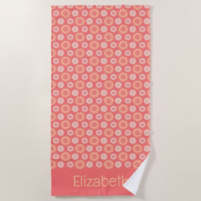 Personalised Peach, Cream, & Coral Floral Pattern Beach Towel (Front)