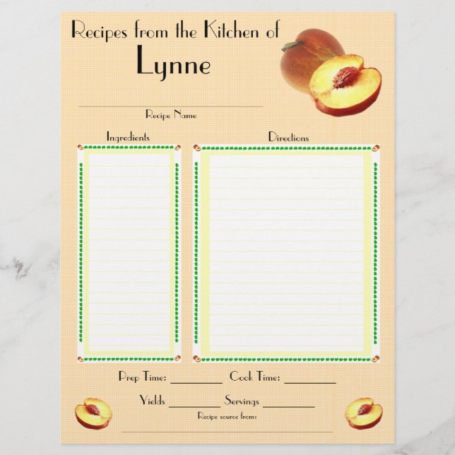 Personalised Peach design recipe page (Front)