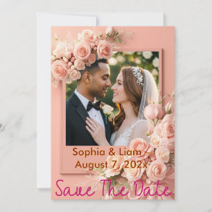 Personalised Peach Floral Photo Save The Date Holiday Card