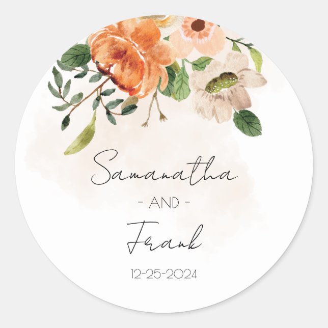 Personalised Peach Floral Wedding Classic Round Sticker (Front)