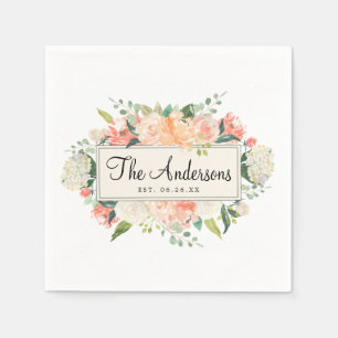 Personalised Peach Floral Wedding Cocktail Napkin
