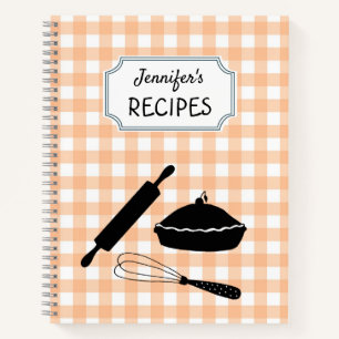 Personalised Peach Gingham Plaid Pattern Recipe Notebook
