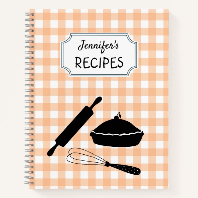 Personalised Peach Gingham Plaid Pattern Recipe Notebook (Front)