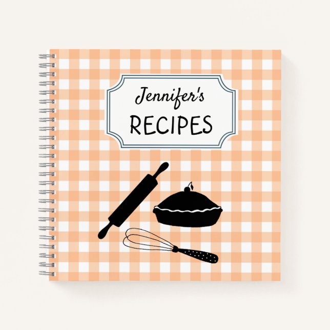 Personalised Peach Gingham Plaid Pattern Recipe  Notebook (Front)