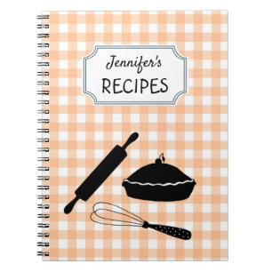 Personalised Peach Gingham Plaid Pattern Recipe  Notebook