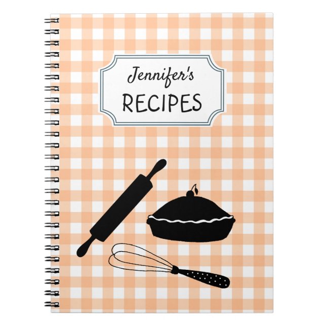 Personalised Peach Gingham Plaid Pattern Recipe  Notebook (Front)