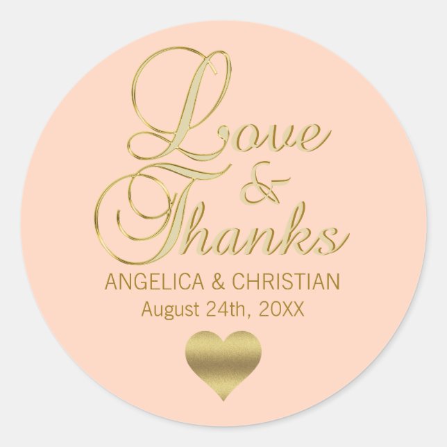 Personalised PEACH Gold LOVE & THANKS Wedding Classic Round Sticker (Front)