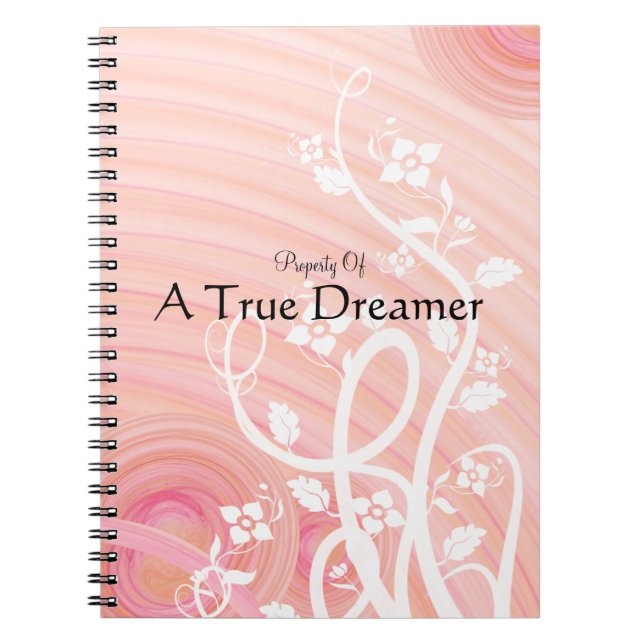 Personalised Peach Spirals White Flourish Flowers Notebook (Front)