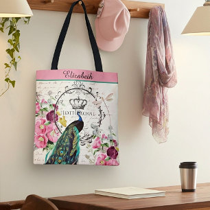 Personalised Peacock and spring flowers tote bag