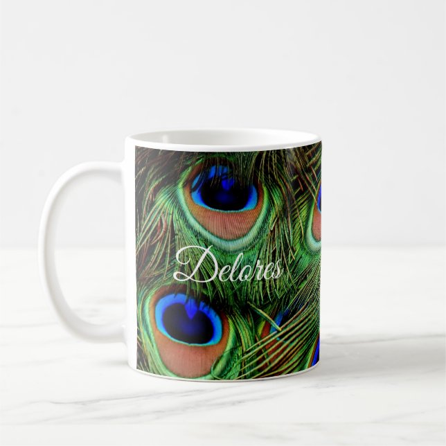 Personalised Peacock Feather Coffee Mug (Left)