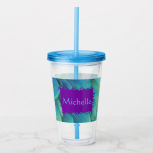 Personalised Peacock Feather Cup With Lid & Straw