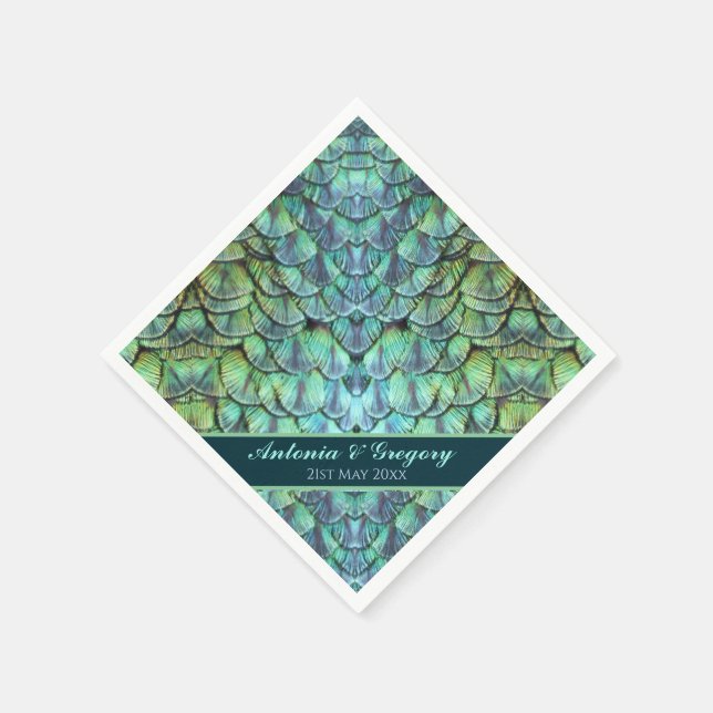 Personalised Peacock Feathers Wedding Paper Napkin (Corner)