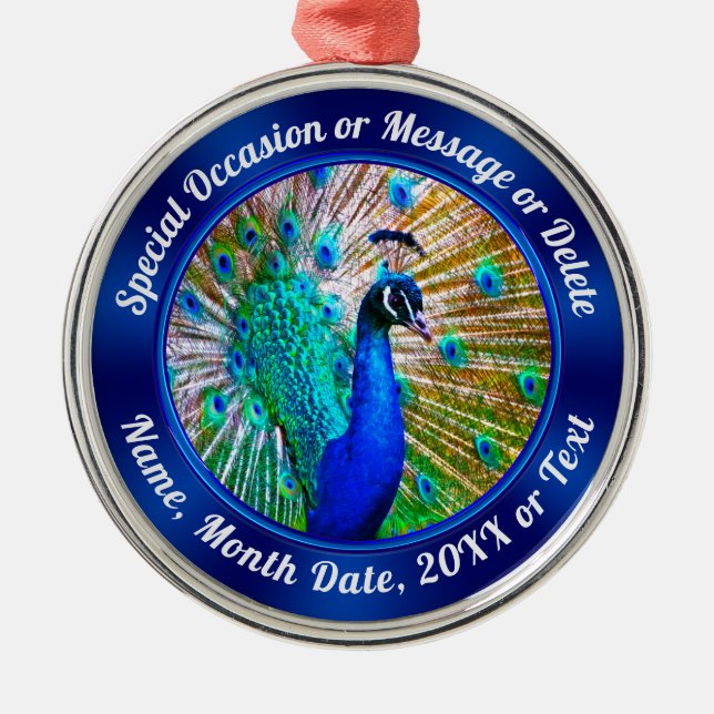 Personalised, Peacock Ornaments, Any Occasion Metal Tree Decoration (Front)