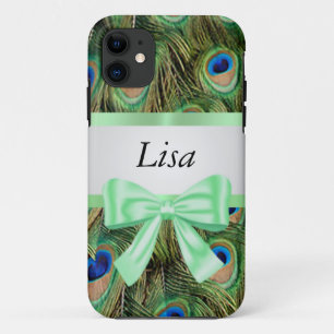 Personalised Peacock Pattern Green Bow iPhone 11 Case