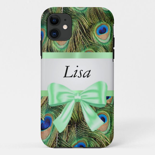 Personalised Peacock Pattern Green Bow Case-Mate iPhone Case (Back)