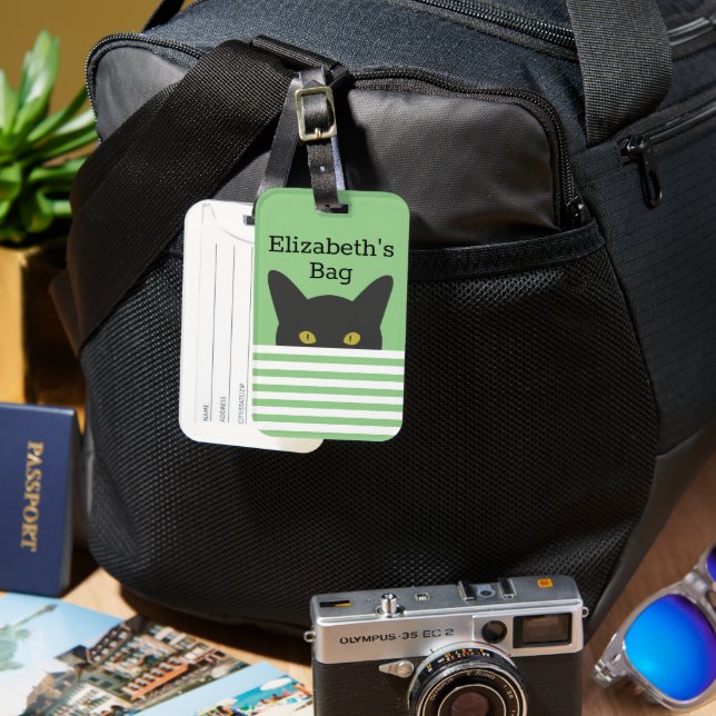 Personalised Peeking Black Cat Green Stripe  Luggage Tag (Front & Back)