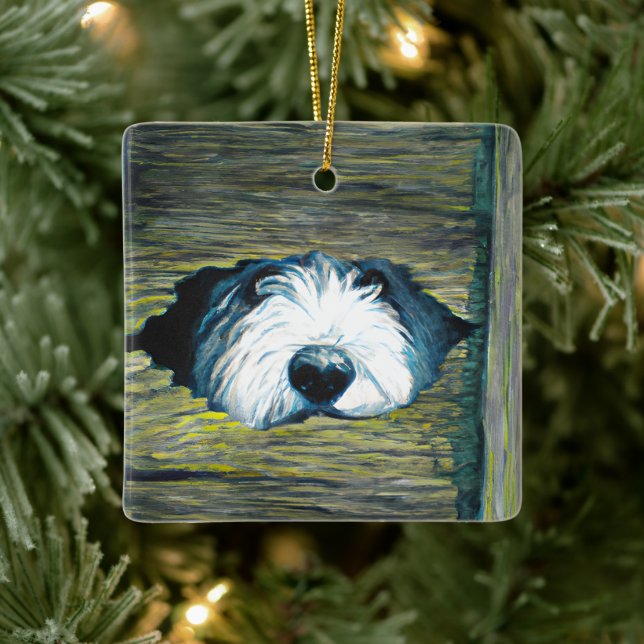 Personalised Peeking Old English Sheepdog Dog Ceramic Ornament (Tree)