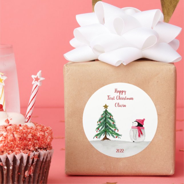 Personalised Peggy Penguin 1st Christmas stickers (Party)