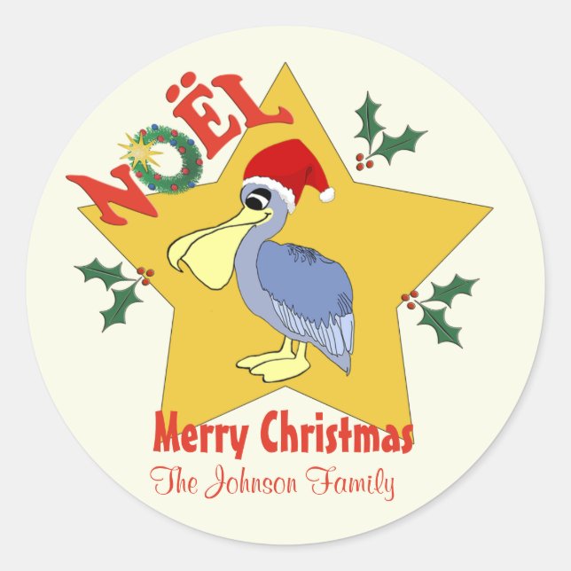 Personalised  Pelican Santa Star Christmas Classic Round Sticker (Front)