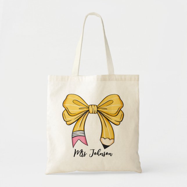 Personalised Pencil Coquette Bow Teacher Tote Bag (Front)