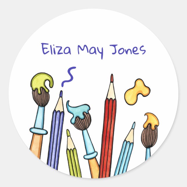 Personalised Pencils and Paintbrushes Classic Round Sticker (Front)