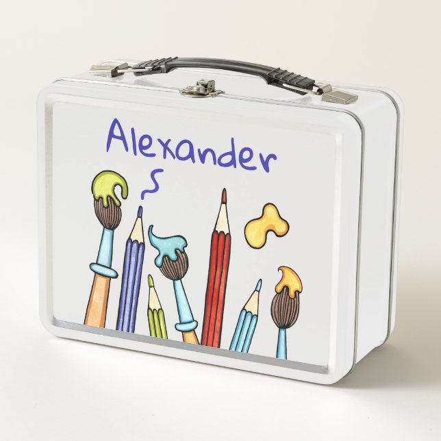 Personalised Pencils and Paintbrushes Metal Lunch Box (Front)