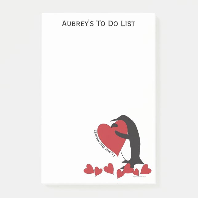 Personalised Penguin and Red Heart Post-it Notes (Front)