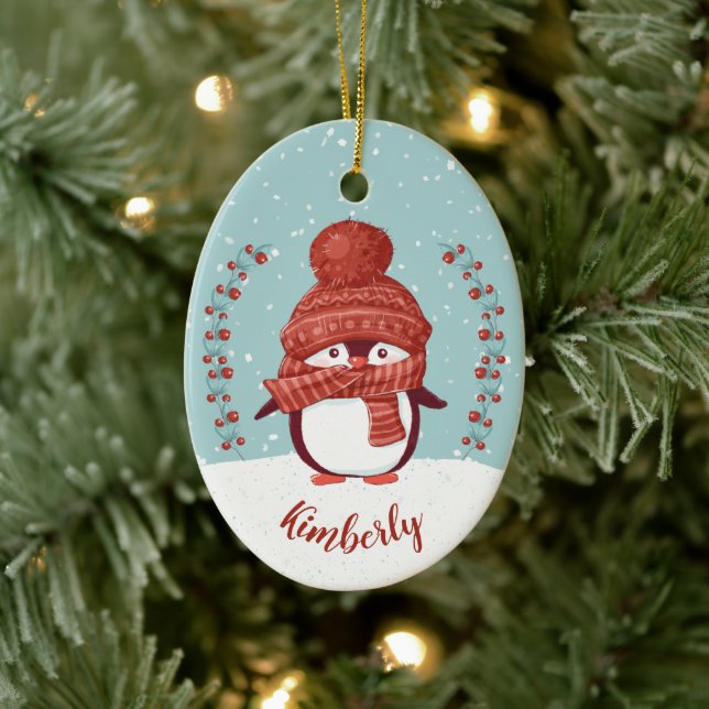 Personalised Penguin Christmas Ceramic Tree Decoration (Tree)