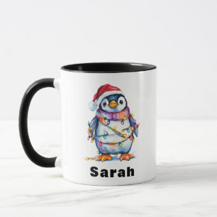Personalised Penguin Christmas Lights Custom Name Mug