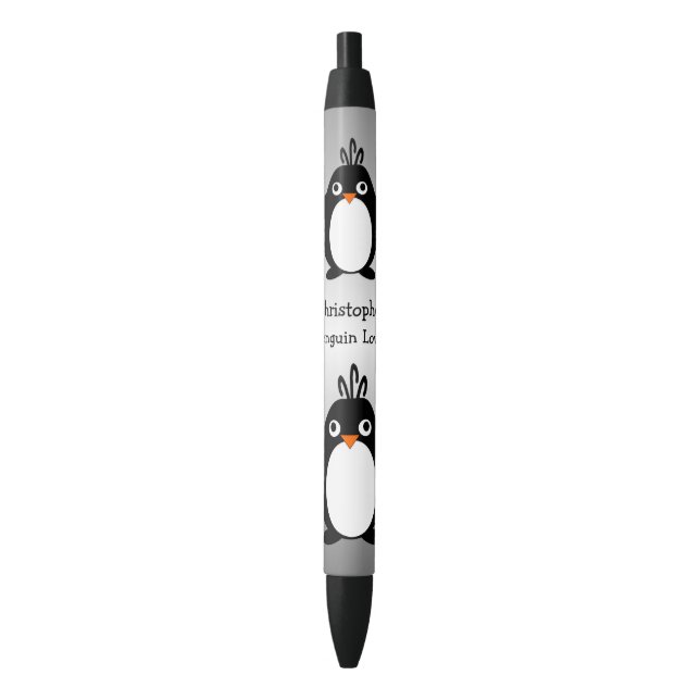 Personalised Penguin Design Black Ink Pen (Front Vertical)