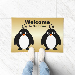 Personalised Penguin Design Gold Coloured Doormat