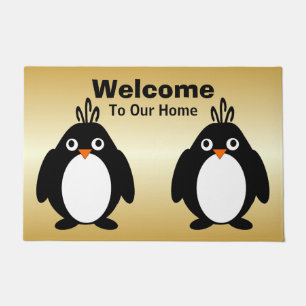 Personalised Penguin Design Gold Coloured Doormat