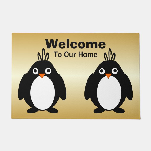 Personalised Penguin Design Gold Coloured Doormat (Front)