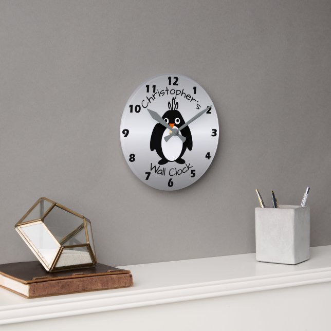 Personalised Penguin Design Round Clock (Office)