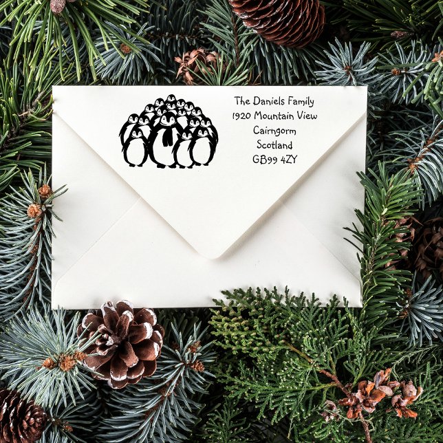 Personalised Penguin Family New Address Stamp (Cute personalised Christmas address stamps. Custom made to order)