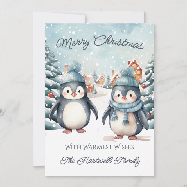 Personalised Penguin Flat Christmas Holiday Card (Front)