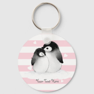 Personalised Penguin Heart Button Keychain Pink