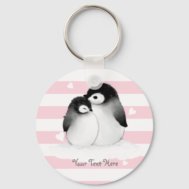 Personalised Penguin Heart Button Keychain Pink (Front)