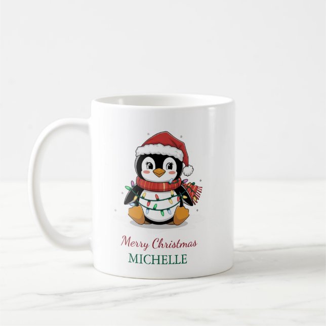 Personalised Penguin in Santa Hat Christmas        Coffee Mug (Left)