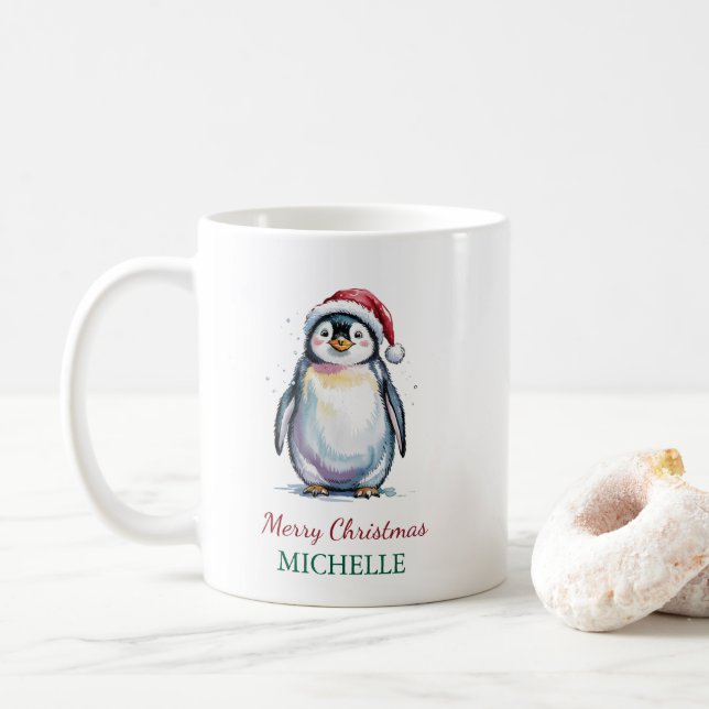 Personalised Penguin in Santa Hat Christmas        Coffee Mug (With Donut)