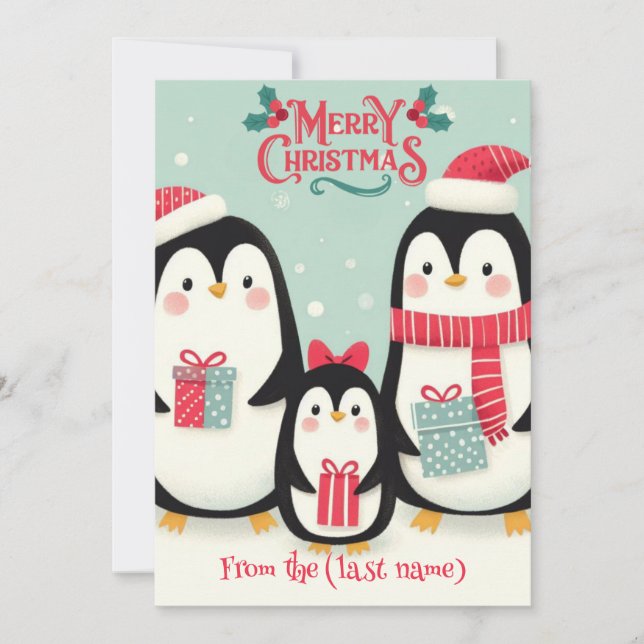 Personalised Penguin Merry Christmas Holiday Card (Front)