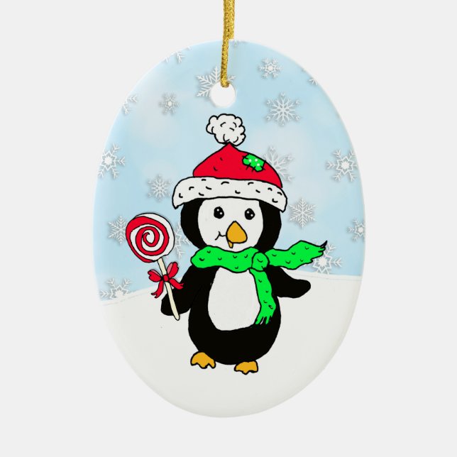 Personalised penguin Snowy Day Christmas Ceramic Tree Decoration (Front)
