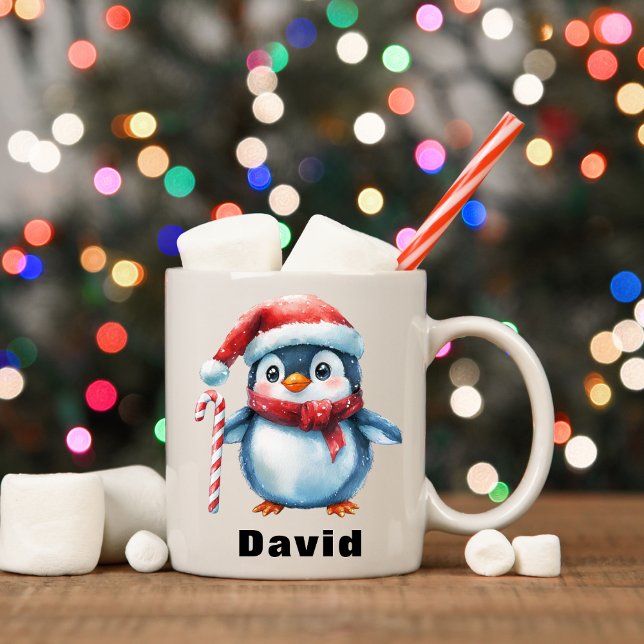 Personalised Penguin with Candy Cane Custom Name Coffee Mug (Personalized Penguin with Candy Cane Custom Name Coffee Mug)