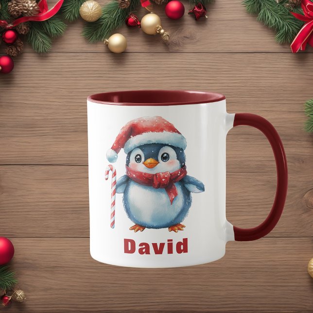 Personalised Penguin with Candy Cane Custom Name Mug (Personalized Penguin with Candy Cane Custom Name Mug
)