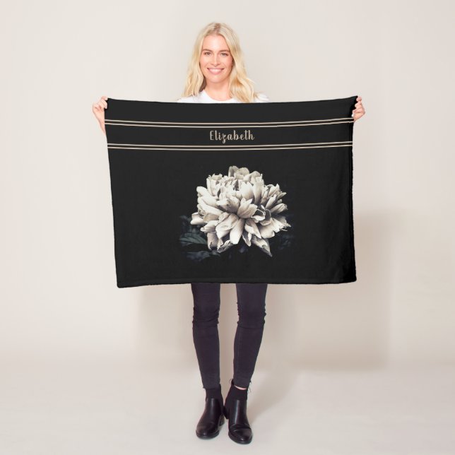 Personalised Peony Print Black Small Size Fleece Blanket (In Situ)