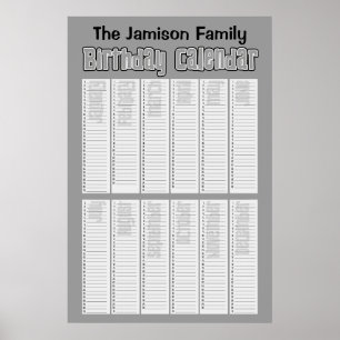 Personalised Perpetual Birthday Calendar Poster