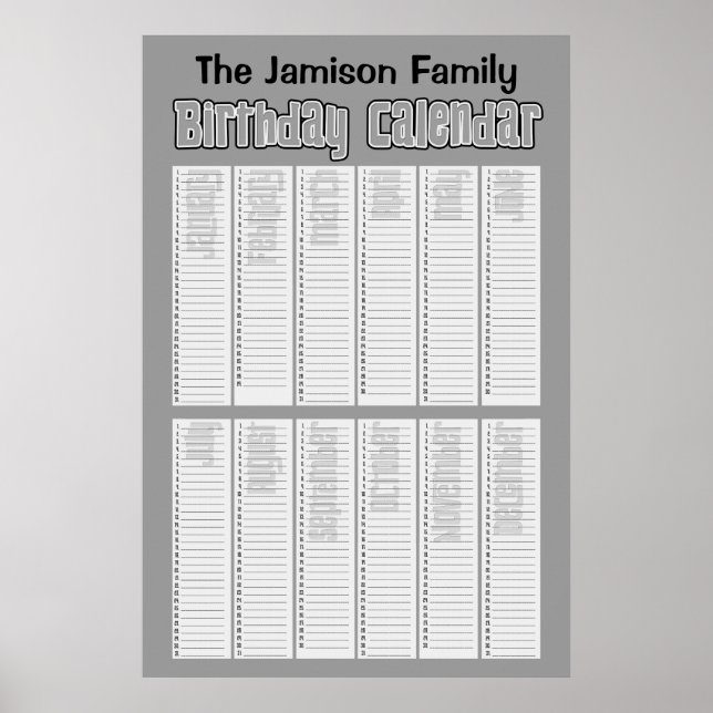 Personalised Perpetual Birthday Calendar Poster (Front)