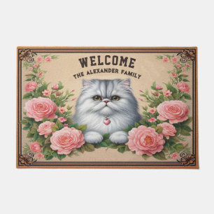 Personalised Persian Cat Stylish Floral Welcome Doormat