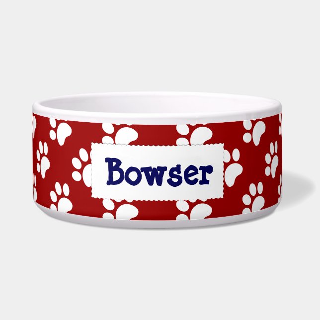 Personalised Pet Bowl, RW&B, Paw Prints, add Name (Front)